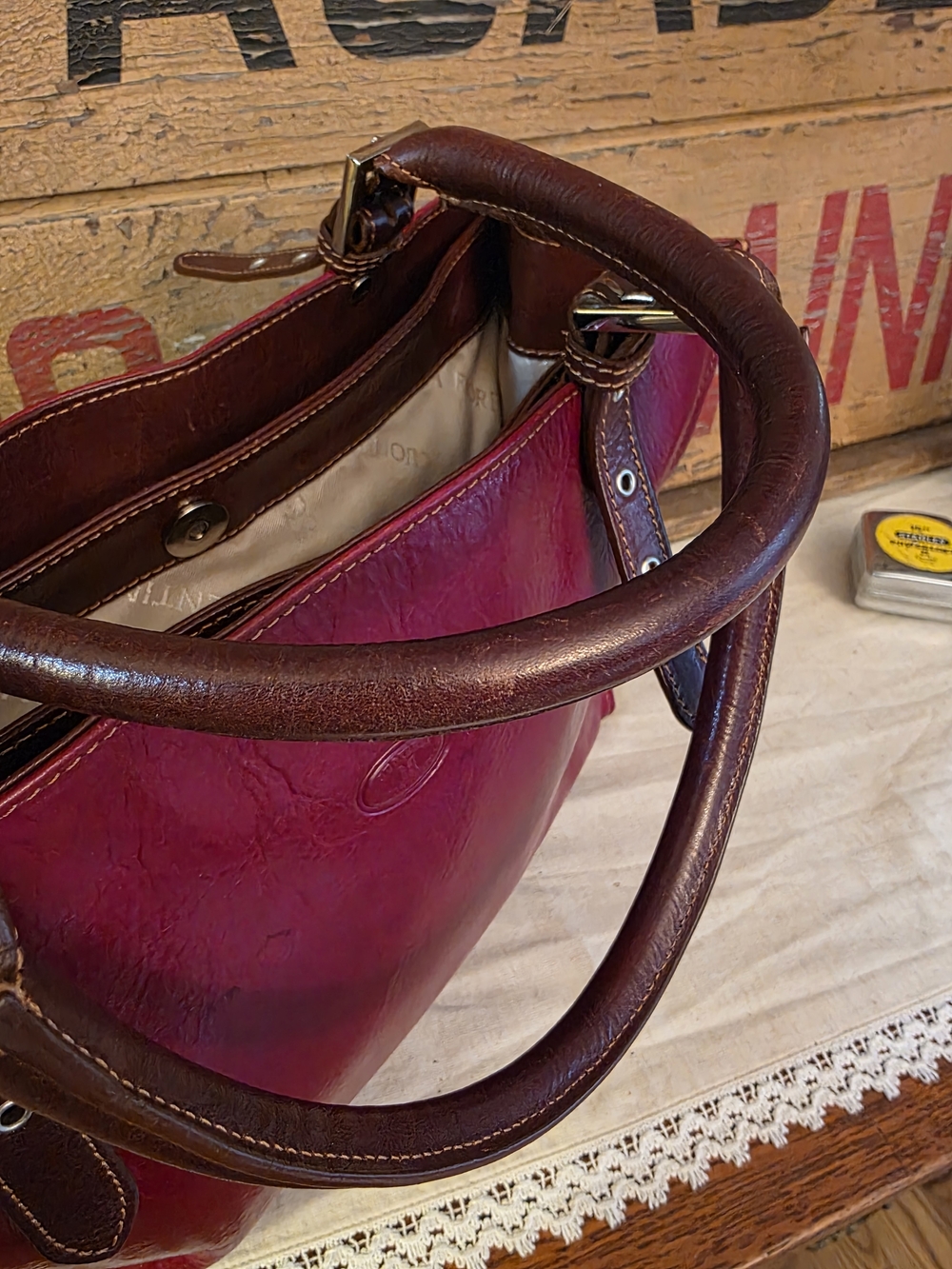 Cuoieria Fiorenrina Burgundy Leather Top-Handle Tote - Picture 9 of 11